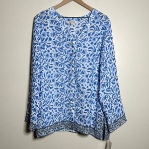 Nanette Lepore NEW Button Front Blouse XL Blue White Floral